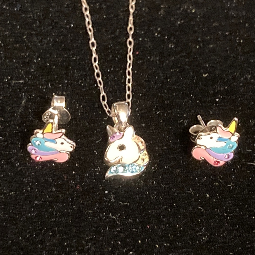 Sterling silver enamel stone unicorn set . Adorable for little girls